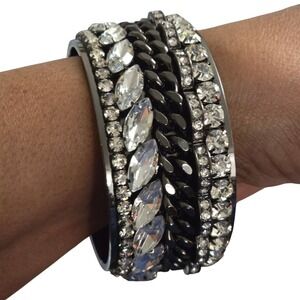 J. Crew Bangle Bracelet Gunmetal Crystal Chain Statement Bling Wide Cuff Runaway